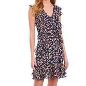 Michael Michael Kors Floral Ruffle Tiered Mini Dress Navy Blue Pink Small Petite